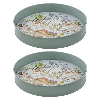 2PK Ashdene Garden Hens Galvanise Steel Round Serving Tray White 30.5x30.5cm