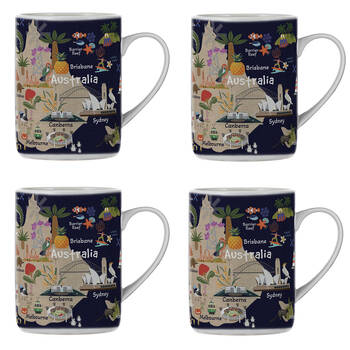 4PK Ashdene Land Down Under AUS Bone China Drinking Mug Blue 370ml
