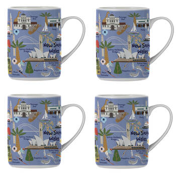 4PK Ashdene Land Down Under NSW Bone China Drinking Mug Blue 370ml