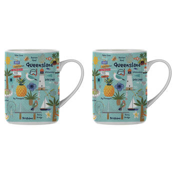 2PK Ashdene Land Down Under Qld Bone China Drinking Mug Blue 370ml