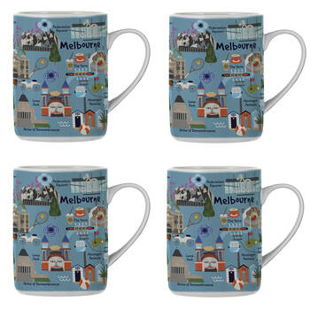 4PK Ashdene Land Down Under Melbourne Bone China Drinking Mug Blue 370ml
