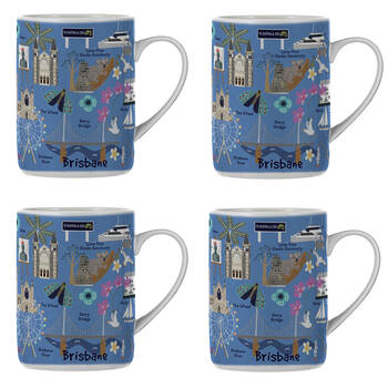 4PK Ashdene Land Down Under Brisbane Bone China Drinking Mug Blue 370ml
