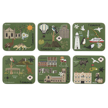 6pc Ashdene Land Down Under Tas Cork Drinking Mat Coaster 11x9.7cm