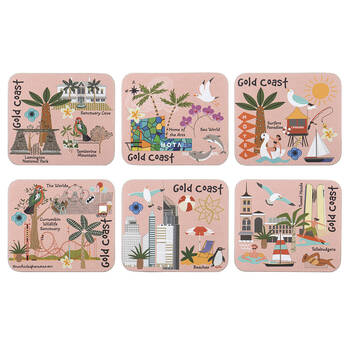 6pc Ashdene Land Down Under Gold Coast Cork Drinking Mat Coaster 11x9.7cm