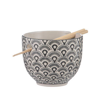 Ladelle Nara Fan Ceramic Noodle Bowl w/ Chopsticks Japanese Style Assorted