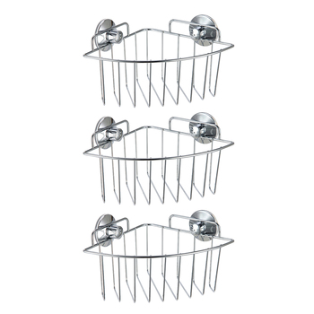 3PK Home Expression Chrome Corner Basket Ultra Lock Suction 19X19X12Cm