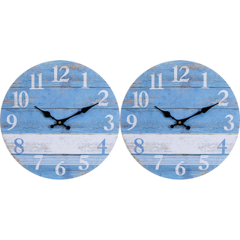 2PK LVD Beach House Hanging Wall Clock Analogue 34cm Round Decor