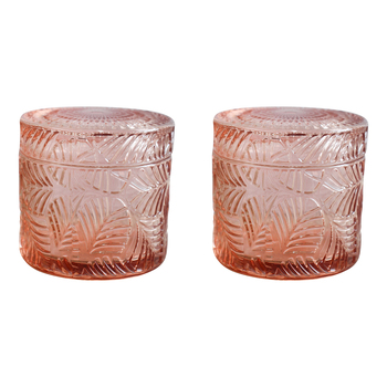 2PK LVD Leaves Oasis Glass 9cm Trinket Storage w/ Lid Round - Pink