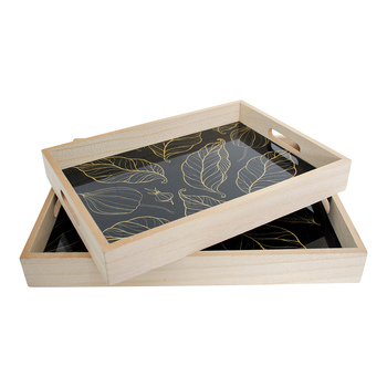 2pc LVD Decorative MDF/Glass 40/35cm Tray w/ Handles Rectangle - Leaf Mix