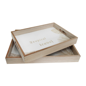 2pc LVD Decorative MDF/Glass 40/35cm Tray w/ Handles Rectangle - Palm