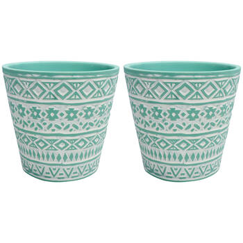 2PK LVD Terracotta Ceramic Decorative Planter Pot Tribal 1 13x12cm Mint