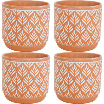 4PK LVD Terracotta Ceramic Decorative Planter Pot Leaf Print 14x13cm Natural