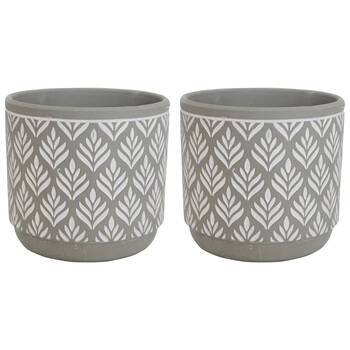 2PK LVD Terracotta Ceramic Decorative Planter Pot Leaf Print 14x13cm Grey