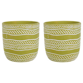2PK LVD Terracotta Ceramic Decorative Planter Pot Rows 13.5x13cm Lime