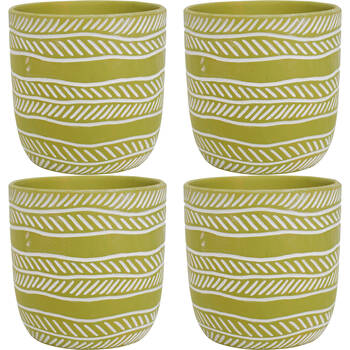 4PK LVD Terracotta Ceramic Decorative Planter Pot Rows 13.5x13cm Lime