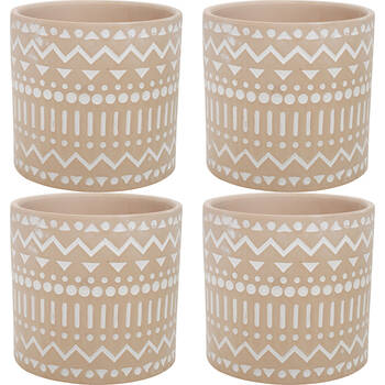 4PK LVD Terracotta Ceramic Decorative Planter Pot Tribal 13.5x12.5cm Latte