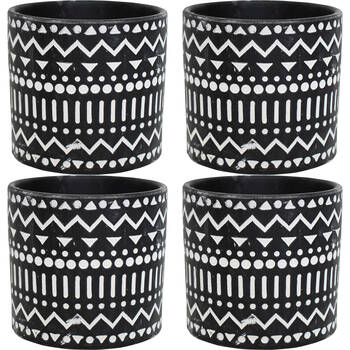 4PK LVD Terracotta Ceramic Decorative Planter Tribal 13.5x12.5cm Black/White
