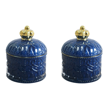 2PK LVD Glass Crown Trinket Box Storage Decor Round 11cm - Indigo