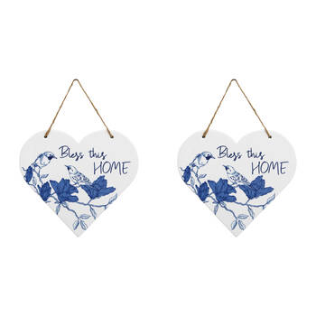 2PK LVD Ceramic Heart Bless Home Hanging Decorative Sign 22x19.5cm Blue/White