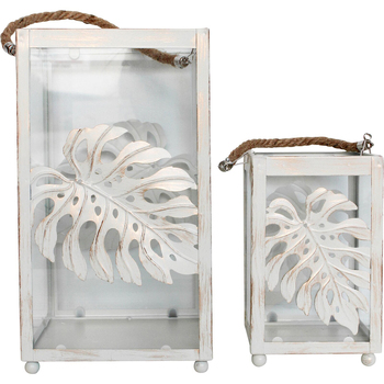 2pc LVD Lanterns Monstera Glass/Metal/Jute Candle Holder Set w/ Handle