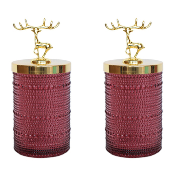 2PK LVD Glass Reindeer Trinket Box Storage Decor 18cm - Ruby