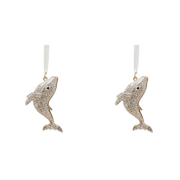 2PK LVD Metal/Ribbon 7.5cm Blue Whale Ornament Hanging Charm - Gold