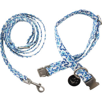 LVD Metal Dog Collar & Lead Leash Set Large 42-68cm Moroccan Blue