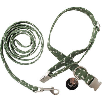 LVD Metal Dog Collar & Lead Leash Set Large 42-68cm Green Bone Print