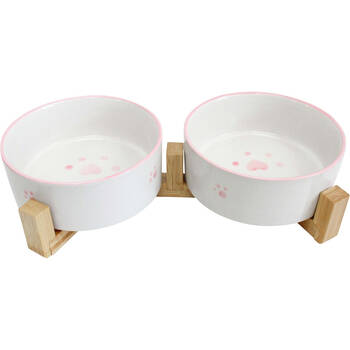 LVD Ceramic/Wood Double Pet Feeding & Drinking Bowl 13x5cm Pink Paws