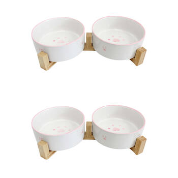 2PK LVD Ceramic/Wood Double Pet Feeding & Drinking Bowl 13x5cm Pink Paws