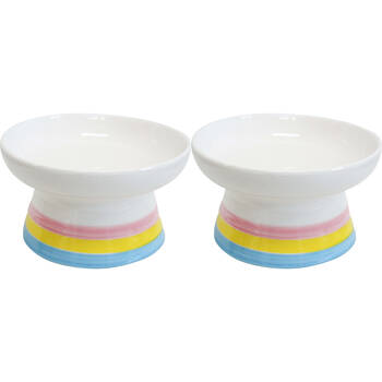 2PK LVD Ceramic Stripes Raised Pet Feeding Bowl 8.5x15cm Multicoloured