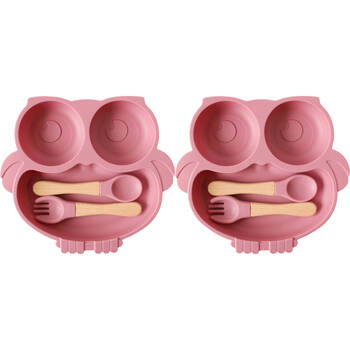2x 3pc LVD Owl Silicone Baby Feeding Bowl and Cutlery Set 20x18cm Pink