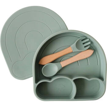 3pc LVD Arch Silicone Baby Feeding Bowl and Cutlery Set 18x17.5xcm Sage Green