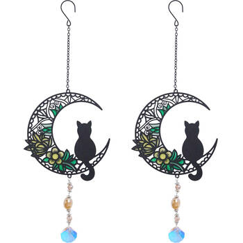 2PK LVD Glass/Metal Cat and Moon Outdoor Hanging Suncatcher 39cm Black
