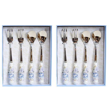 2x 4pc LVD Hydrangea Ceramic/Stainless Steel Spoon/Fork Utensil Set 15.5cm
