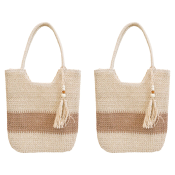 2PK LVD Women's Woven Stripe Tote Bag/Handbag 40cm - Natural