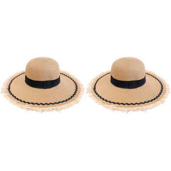 2PK LVD Kids/Children Woven Sun Hat 42cm Brim Round - Fringing Black