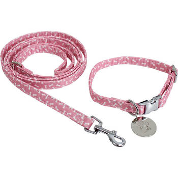 Lavida Polyester/Metal Pet/Dog Collar & Lead Set Small - Bones Pink