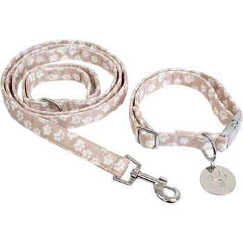 Lavida Polyester/Metal Pet/Dog Collar & Lead Set Medium - Paws Beige