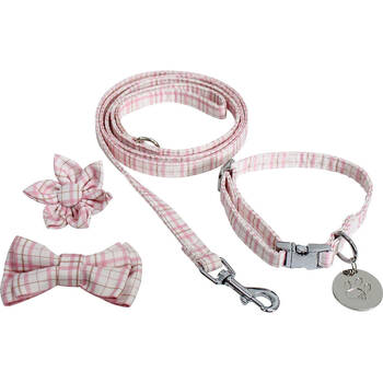 Lavida Polyester/Metal Pet/Dog S-M Collar & Accessories Set - Check Pink