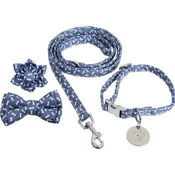 Lavida Polyester/Metal Pet/Dog S-M Collar & Accessories Set - Bones Blue