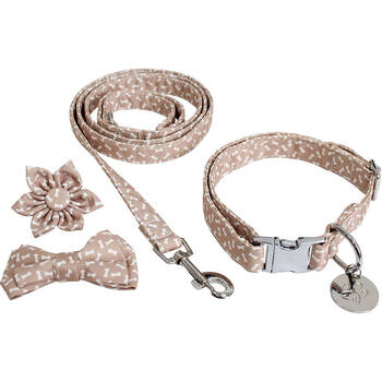 Lavida Polyester/Metal Pet/Dog M-L Collar & Accessories Set - Bones Beige