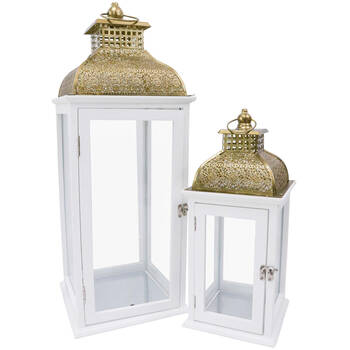 2pc LVD Wooden Metal/Glass Lanterns Skye Set 24x66cm/18x41cm White/Gold