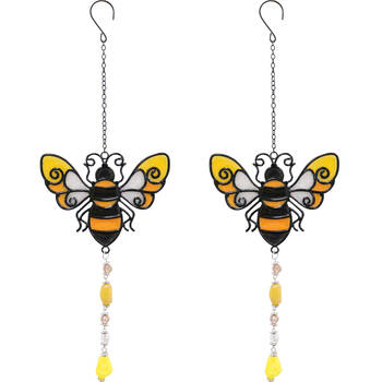2PK LVD Glass/Metal Bumble Bee Outdoor Hanging Suncatcher 36cm Yellow