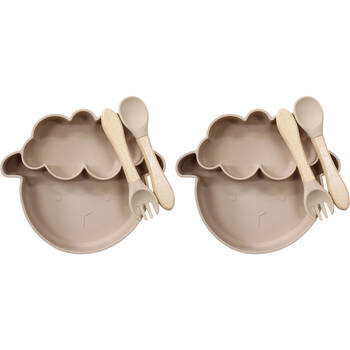 2x 3pc LVD Sheep Silicone Baby Feeding Bowl and Cutlery Set 20x17cm Brown