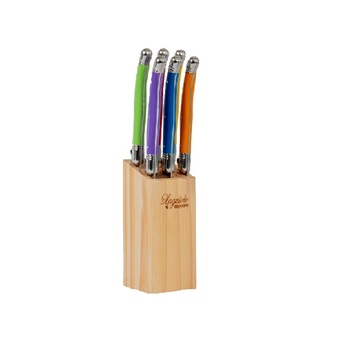 7pc Laguiole Etiquette Steak Knife Set w/ Square Block - Multicolour