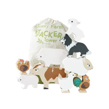 10pc Le Toy Van Wooden Petilou Farm Stacking Animals w/ Bag Kids 18m+