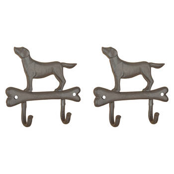 2PK Esschert Design Cast Iron Dog On Bone Wall Hook Home Decor 19.3cm Grey