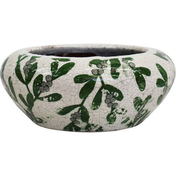 LVD Large Terracotta Leaves Planter Pot Squat 25x10.5cm Green/White