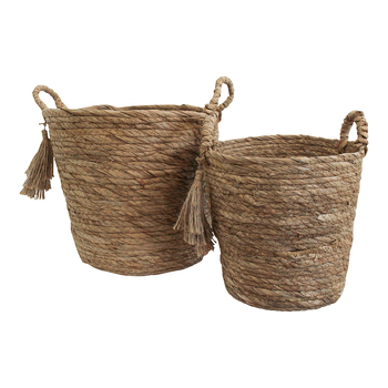 LVD 2pc Natural Rush/Cotton 25/30cm Boho Basket Set w/ Fringe Decor - Brown